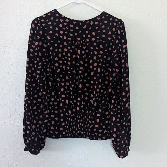 Womens All in Favor Blouse Black w/ Pink Polka Dot Long Sleeved V Neck Small GUC - Picture 6 of 9